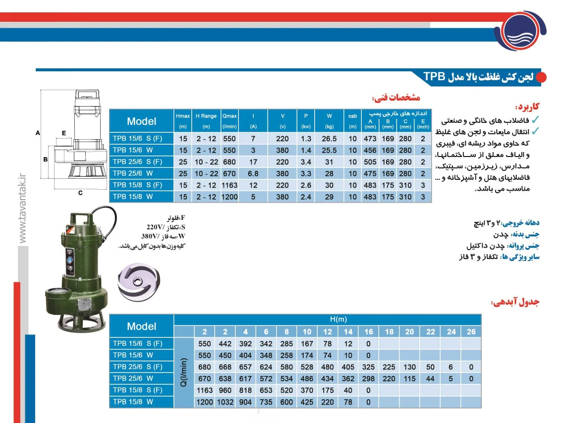 لجن‌کش توان تک TPB15/8 خروجی 3 اینچی تکفاز ارتفاع 15 متری